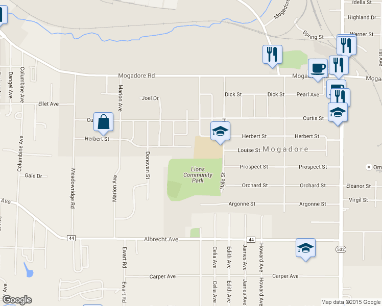 map of restaurants, bars, coffee shops, grocery stores, and more near 3560 Herbert Street in Mogadore