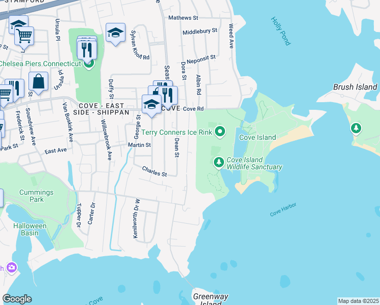 map of restaurants, bars, coffee shops, grocery stores, and more near 86 Euclid Avenue in Stamford