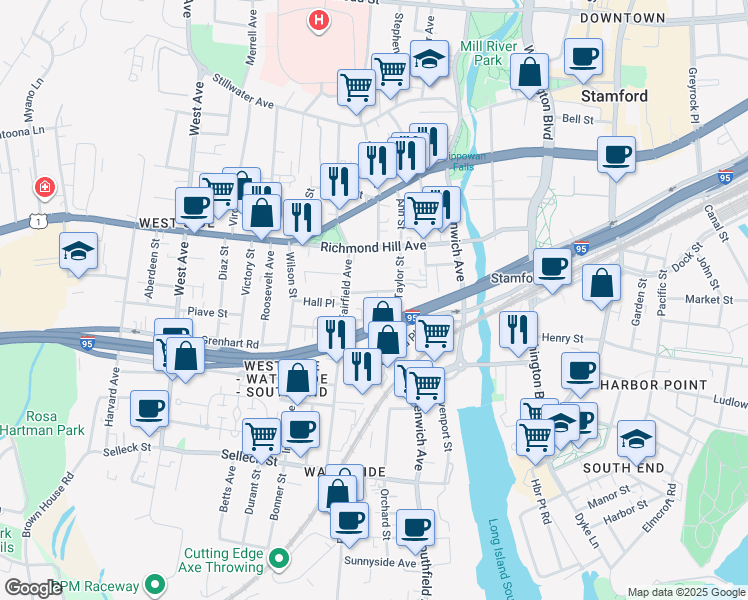 map of restaurants, bars, coffee shops, grocery stores, and more near 79 Taylor Street in Stamford