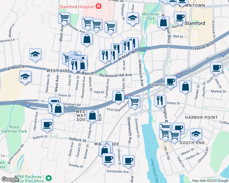 map of restaurants, bars, coffee shops, grocery stores, and more near 79 Taylor Street in Stamford