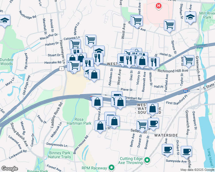 map of restaurants, bars, coffee shops, grocery stores, and more near 39 Ferris Avenue in Stamford