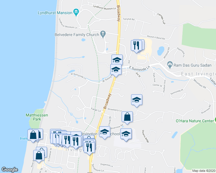 map of restaurants, bars, coffee shops, grocery stores, and more near 99 Brace Bridge Lane in Irvington