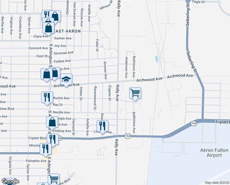 map of restaurants, bars, coffee shops, grocery stores, and more near 3077 Flight Memorial Parkway in Akron