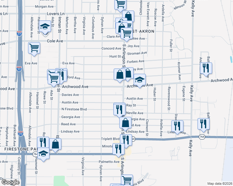 map of restaurants, bars, coffee shops, grocery stores, and more near 963 Davies Avenue in Akron