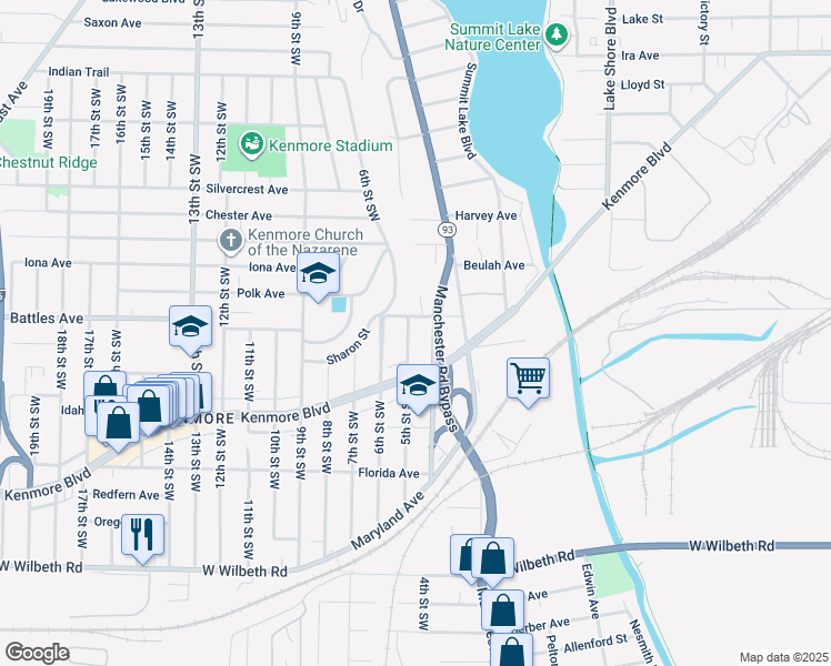 map of restaurants, bars, coffee shops, grocery stores, and more near 2113 5th Street Southwest in Akron