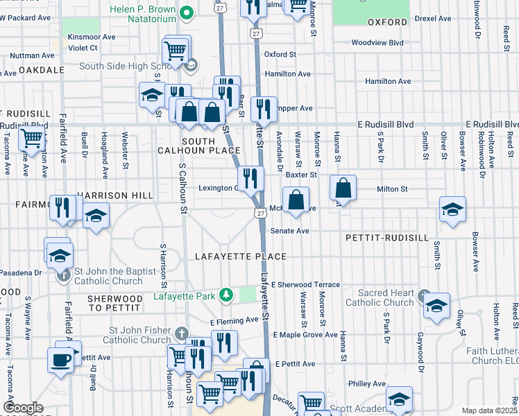 map of restaurants, bars, coffee shops, grocery stores, and more near 4301 Champlain Drive in Fort Wayne