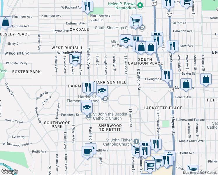 map of restaurants, bars, coffee shops, grocery stores, and more near 4209 Hoagland Avenue in Fort Wayne