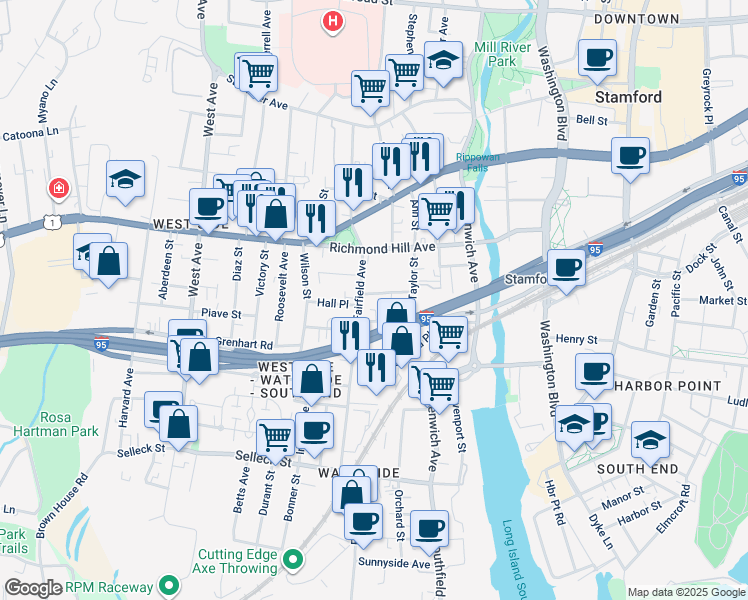 map of restaurants, bars, coffee shops, grocery stores, and more near 164 Fairfield Avenue in Stamford