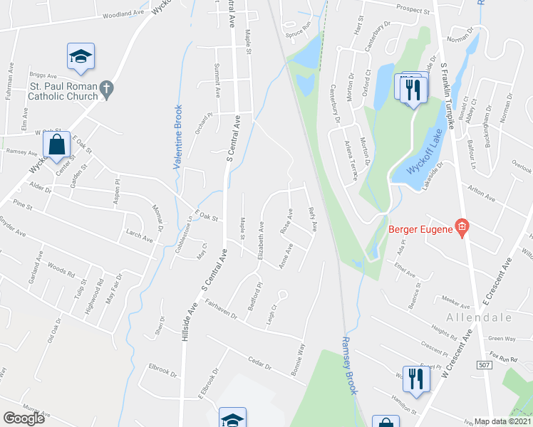 map of restaurants, bars, coffee shops, grocery stores, and more near 322 Elizabeth Avenue in Ramsey