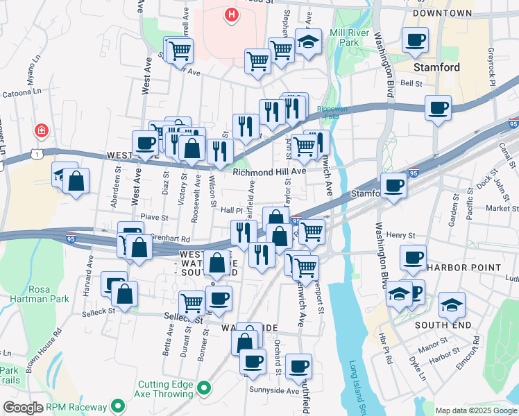 map of restaurants, bars, coffee shops, grocery stores, and more near 162 Fairfield Avenue in Stamford