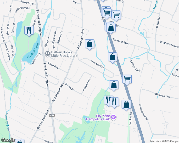map of restaurants, bars, coffee shops, grocery stores, and more near 53 Harreton Road in Allendale