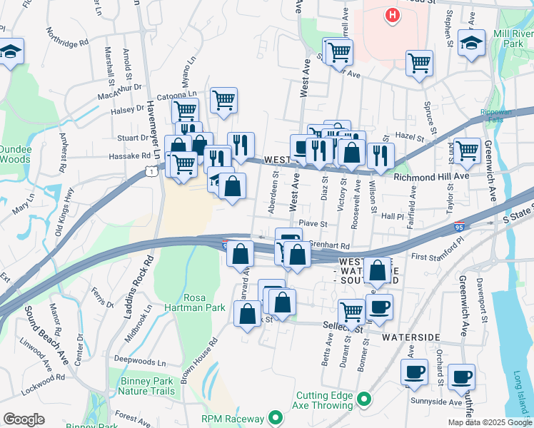 map of restaurants, bars, coffee shops, grocery stores, and more near 39 Ferris Avenue in Stamford