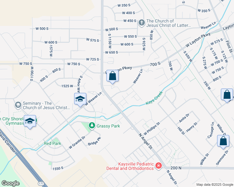 map of restaurants, bars, coffee shops, grocery stores, and more near 1354 West Weaver Lane in Layton