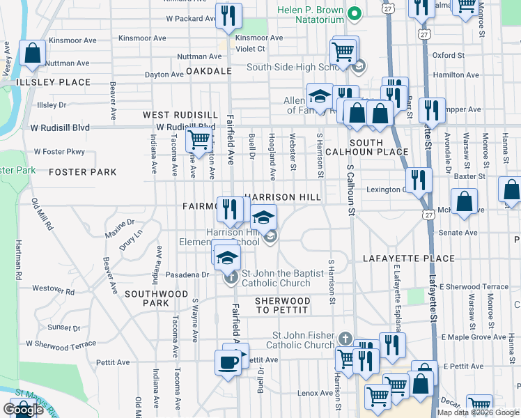 map of restaurants, bars, coffee shops, grocery stores, and more near 4209 Buell Drive in Fort Wayne
