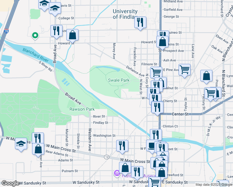 map of restaurants, bars, coffee shops, grocery stores, and more near in Findlay
