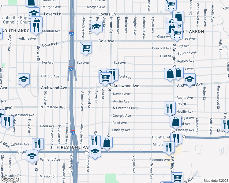 map of restaurants, bars, coffee shops, grocery stores, and more near 761 Davies Ave in Akron