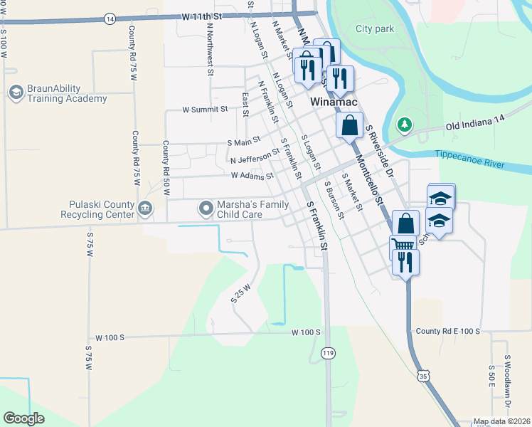 map of restaurants, bars, coffee shops, grocery stores, and more near 444 West South Street in Winamac
