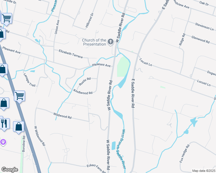 map of restaurants, bars, coffee shops, grocery stores, and more near 229 West Saddle River Road in Saddle River