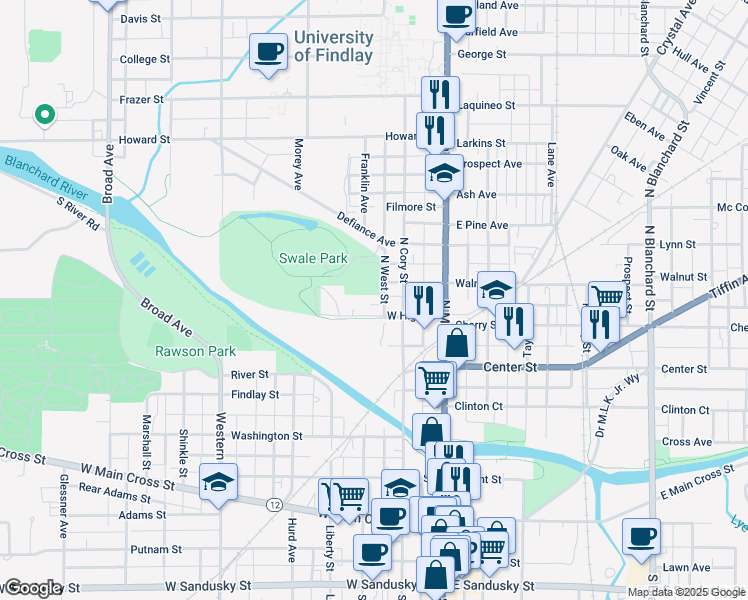 map of restaurants, bars, coffee shops, grocery stores, and more near 408 North West Street in Findlay