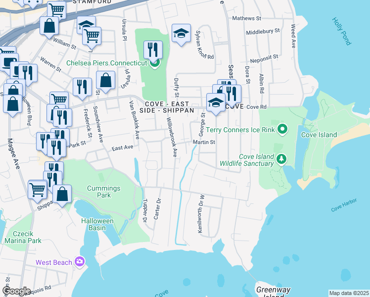 map of restaurants, bars, coffee shops, grocery stores, and more near 25 Willowbrook Court in Stamford