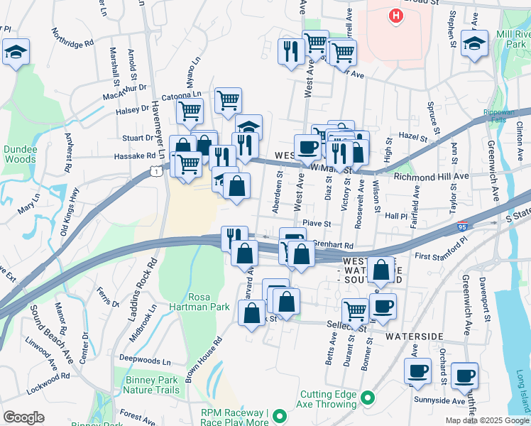map of restaurants, bars, coffee shops, grocery stores, and more near 39 Ferris Avenue in Stamford