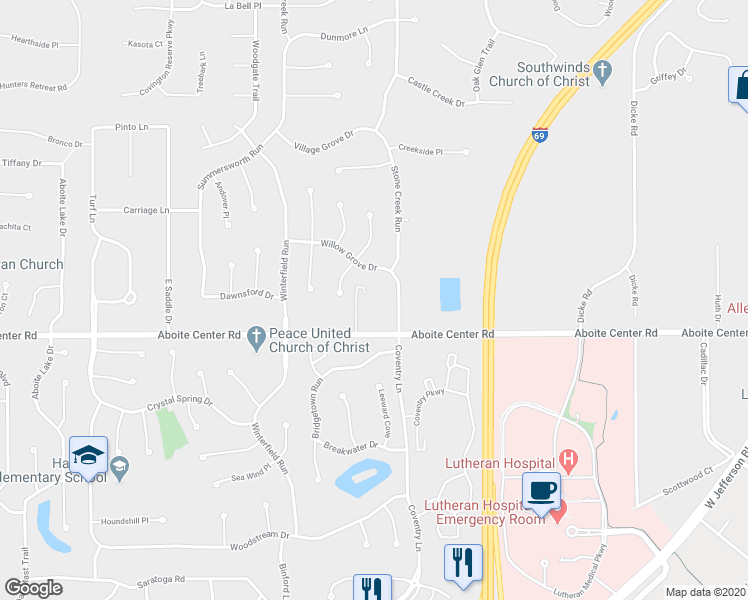 map of restaurants, bars, coffee shops, grocery stores, and more near 8820 Aboite Center Road in Fort Wayne