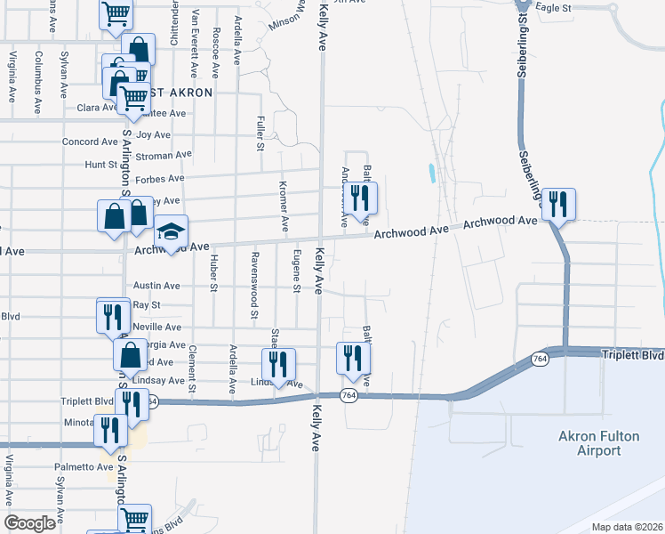 map of restaurants, bars, coffee shops, grocery stores, and more near 3077 Flight Memorial Parkway in Akron