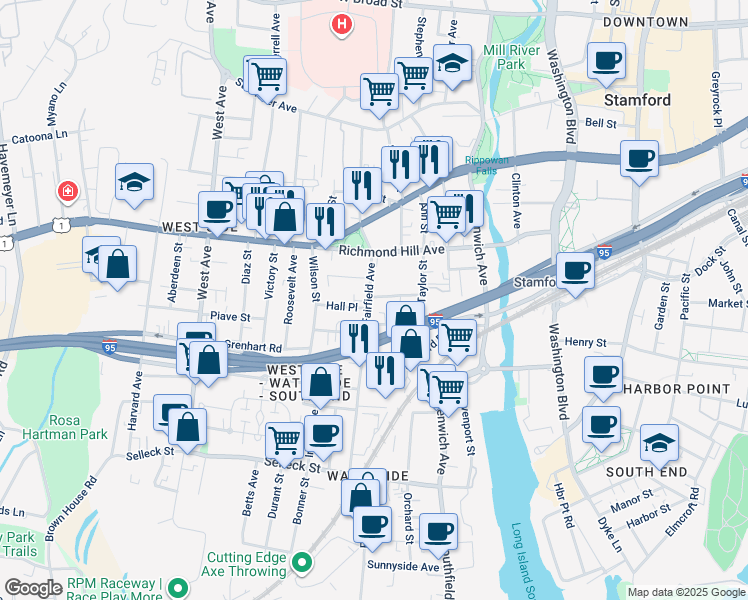 map of restaurants, bars, coffee shops, grocery stores, and more near 162 Fairfield Avenue in Stamford