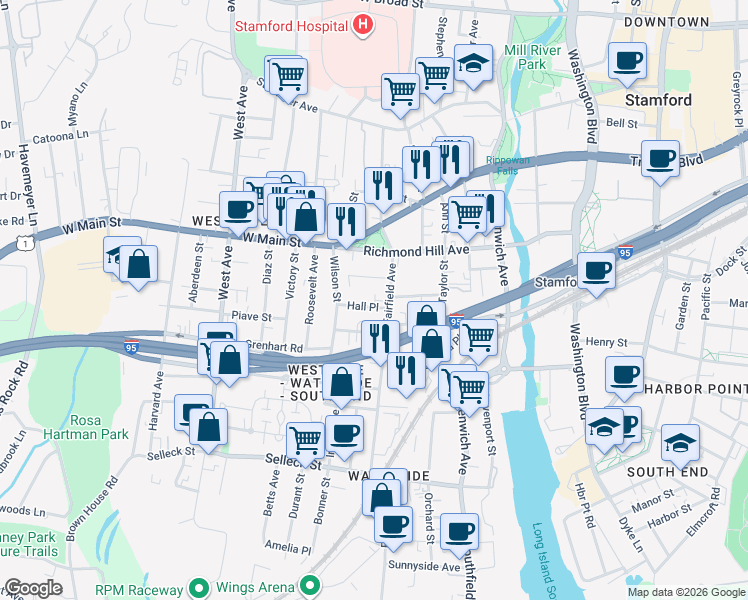 map of restaurants, bars, coffee shops, grocery stores, and more near 162 Fairfield Avenue in Stamford