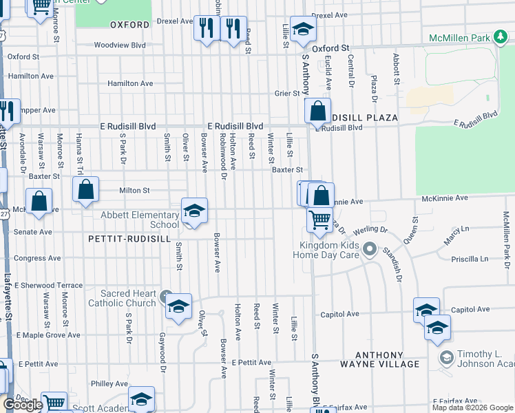 map of restaurants, bars, coffee shops, grocery stores, and more near 1516 McKinnie Avenue in Fort Wayne