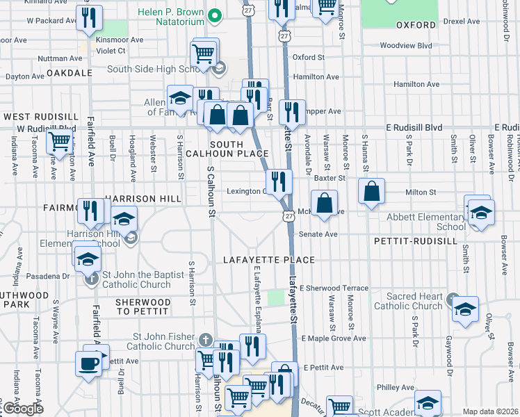 map of restaurants, bars, coffee shops, grocery stores, and more near 201-299 Mc Kinnie Circle in Fort Wayne