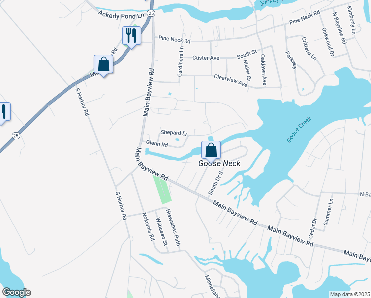 map of restaurants, bars, coffee shops, grocery stores, and more near 1020 Glenn Road in Southold