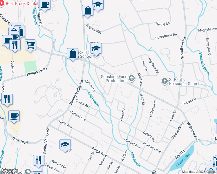 map of restaurants, bars, coffee shops, grocery stores, and more near 120 Split Rock Lane in Park Ridge