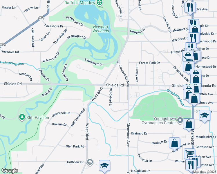map of restaurants, bars, coffee shops, grocery stores, and more near 365 Shields Road in Youngstown