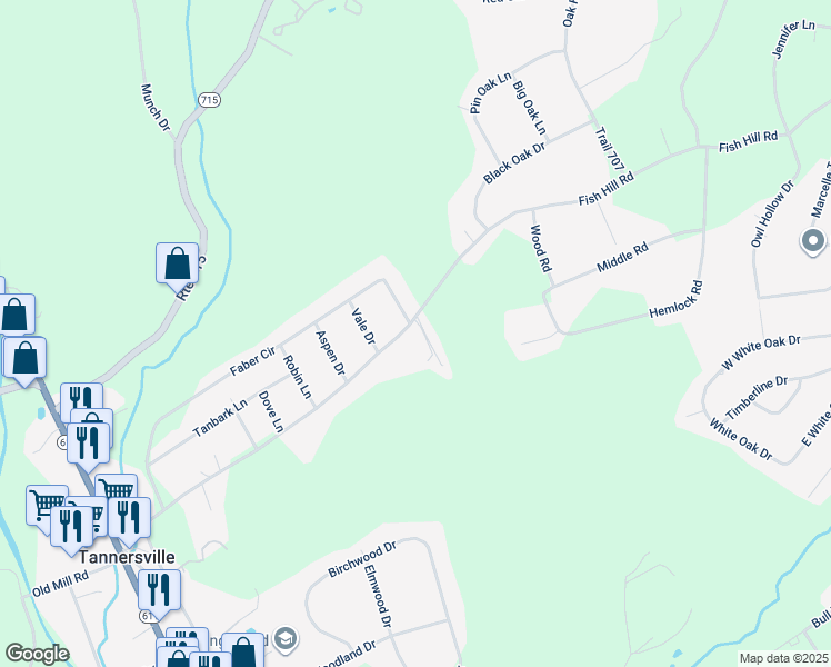 map of restaurants, bars, coffee shops, grocery stores, and more near 104 Warbler Way in Tannersville