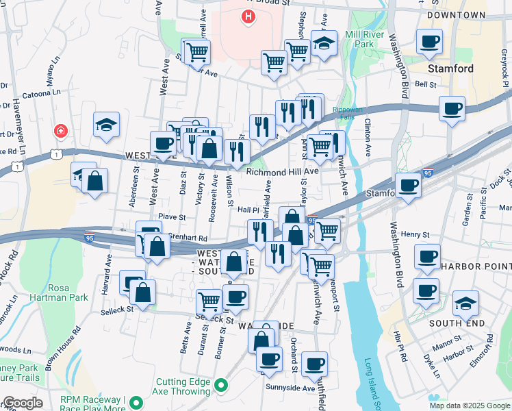 map of restaurants, bars, coffee shops, grocery stores, and more near 162 Fairfield Avenue in Stamford