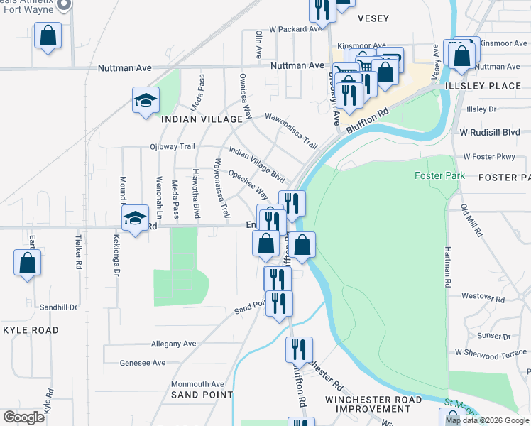 map of restaurants, bars, coffee shops, grocery stores, and more near 4112 Manito Boulevard in Fort Wayne