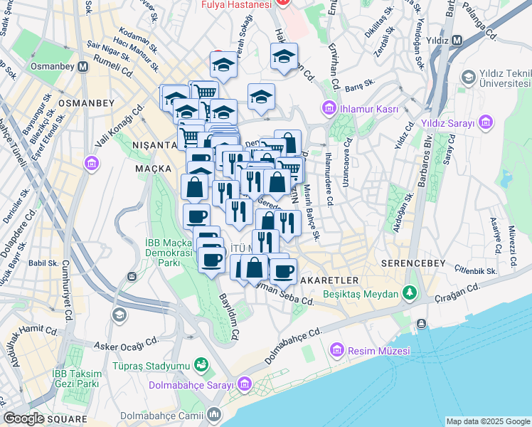 map of restaurants, bars, coffee shops, grocery stores, and more near 9 Şehit Mehmet Sokak in Beşiktaş