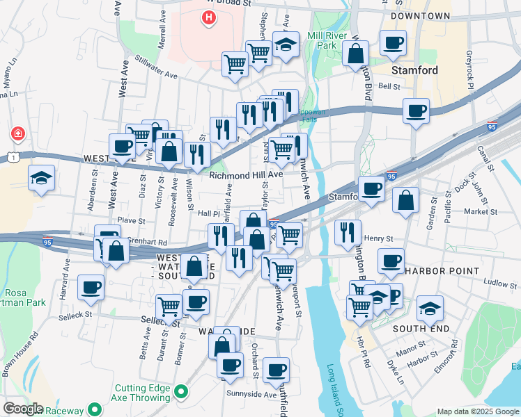 map of restaurants, bars, coffee shops, grocery stores, and more near 79 Taylor Street in Stamford