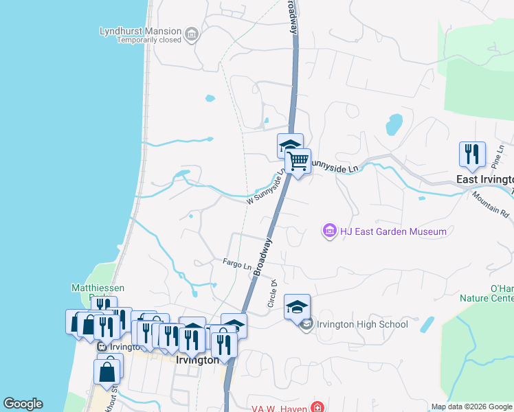 map of restaurants, bars, coffee shops, grocery stores, and more near 10 West Sunnyside Lane in Irvington