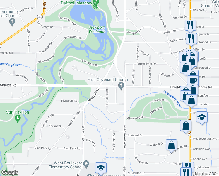 map of restaurants, bars, coffee shops, grocery stores, and more near 331 Shields Road in Youngstown