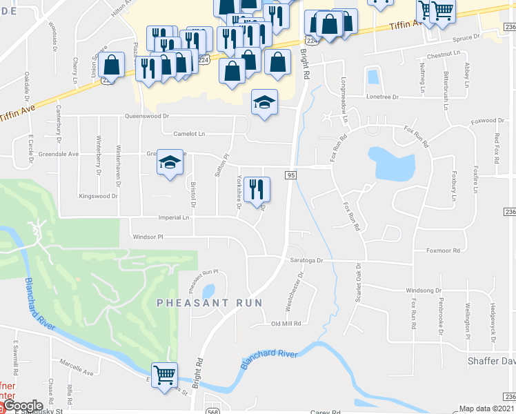 map of restaurants, bars, coffee shops, grocery stores, and more near 536 Surrey Drive in Findlay