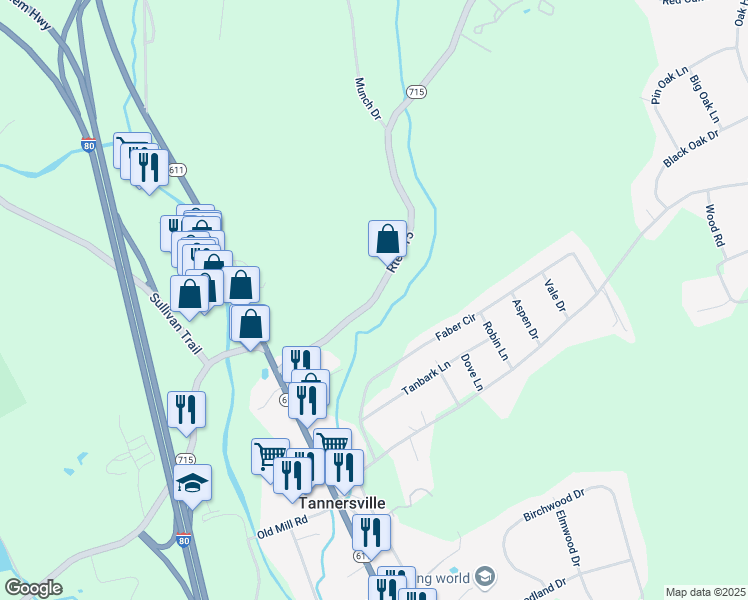 map of restaurants, bars, coffee shops, grocery stores, and more near Route 715 in Stroudsburg