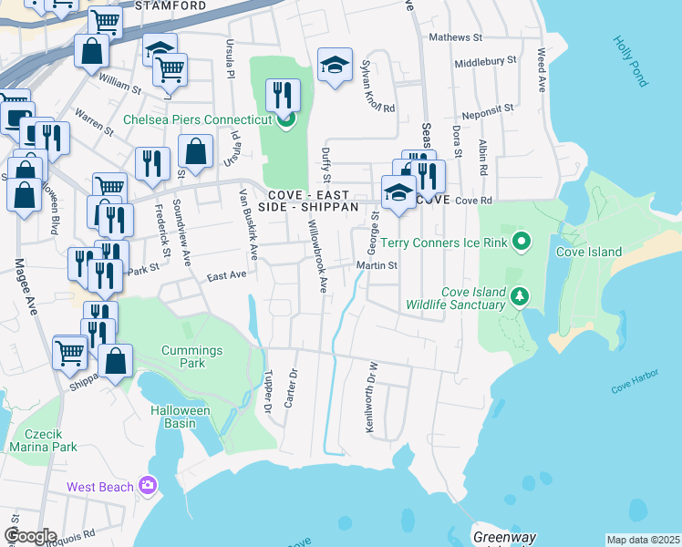 map of restaurants, bars, coffee shops, grocery stores, and more near 25 Willowbrook Court in Stamford