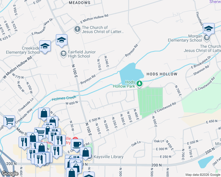map of restaurants, bars, coffee shops, grocery stores, and more near 279e East 700 North in Kaysville