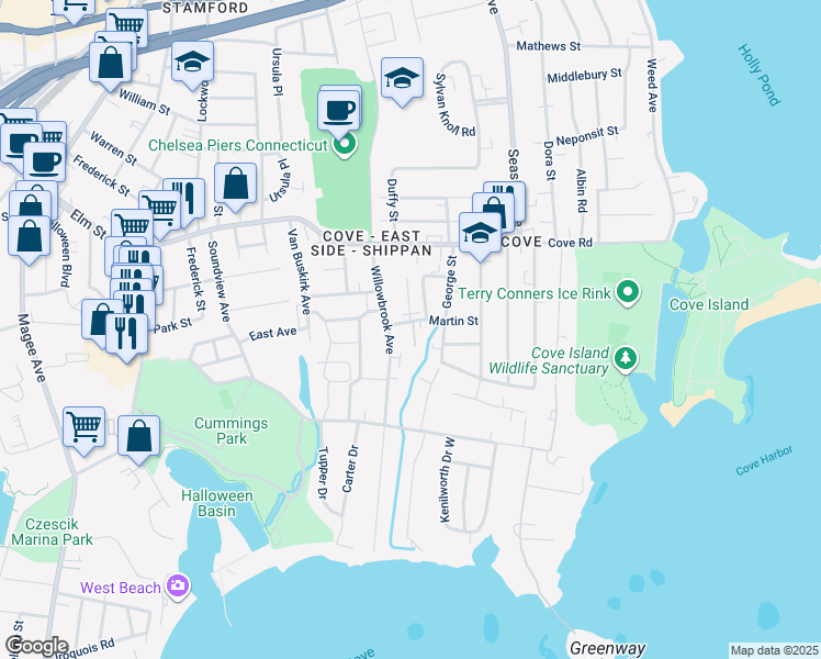 map of restaurants, bars, coffee shops, grocery stores, and more near 25 Willowbrook Court in Stamford