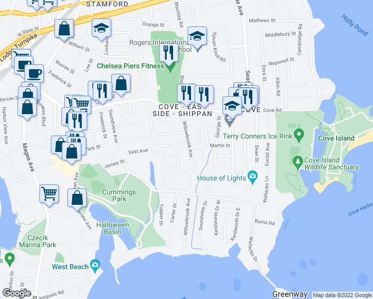 map of restaurants, bars, coffee shops, grocery stores, and more near 20 Wascussee Lane in Stamford