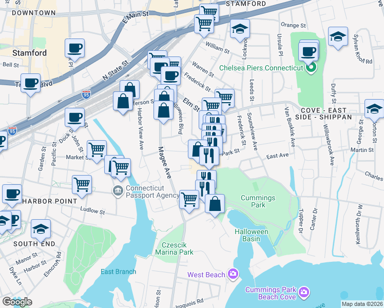 map of restaurants, bars, coffee shops, grocery stores, and more near 32 Hanover Street in Stamford