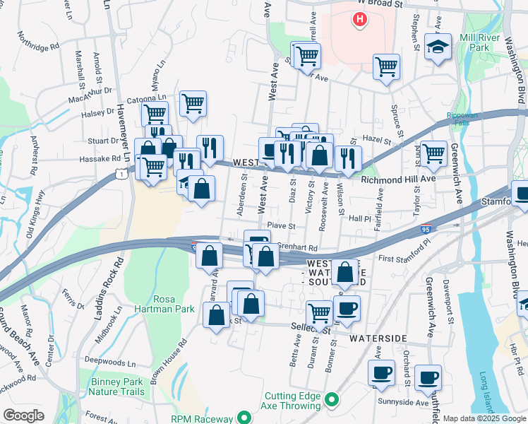 map of restaurants, bars, coffee shops, grocery stores, and more near 219 West Avenue in Stamford