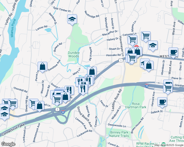map of restaurants, bars, coffee shops, grocery stores, and more near 51 Old Kings Highway in Greenwich